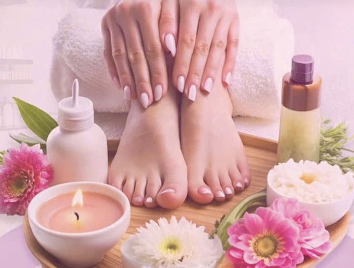 Beautifully manicured hands and pedicured feet after Colibri Day Spa’s Stress Buster Spa Package in Sarasota, featuring the luxurious Fiji Pedicure.